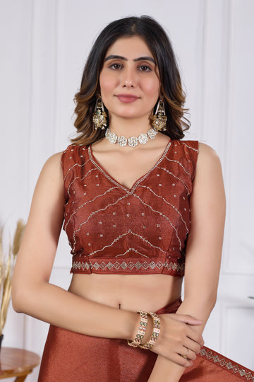 Copper Brown Party Wear Saree with Elegant Jarkan Stone Border