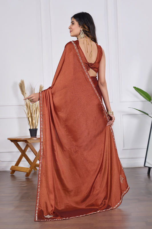 Copper Brown Party Wear Saree with Elegant Jarkan Stone Border