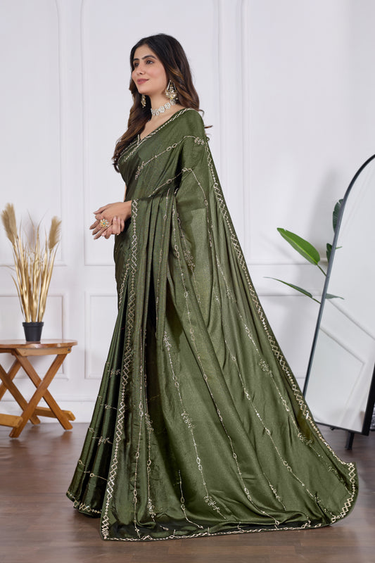 Mahendi Green Chiffon Saree with Elegant Jarkan Work Border | Party & Wedding Wear Saree