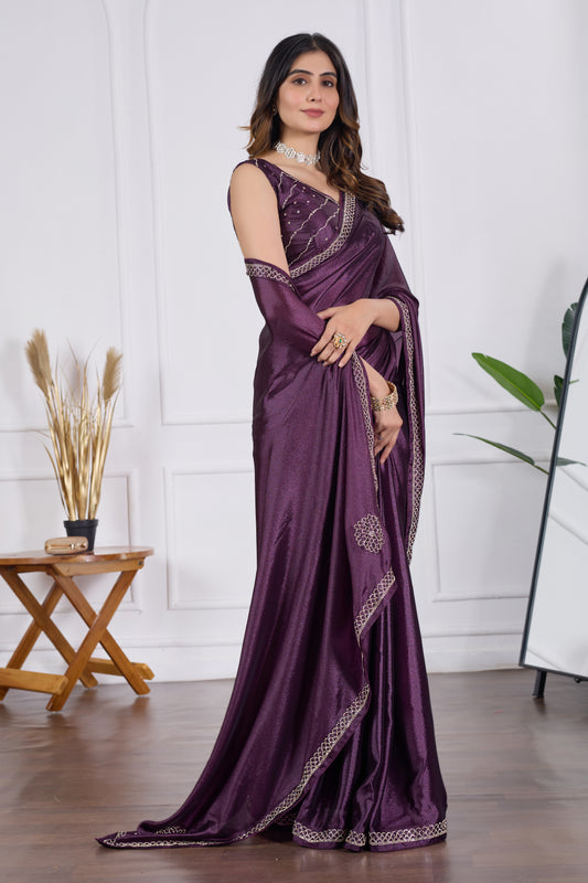 Wine Chiffon Sari With Jarkan Work