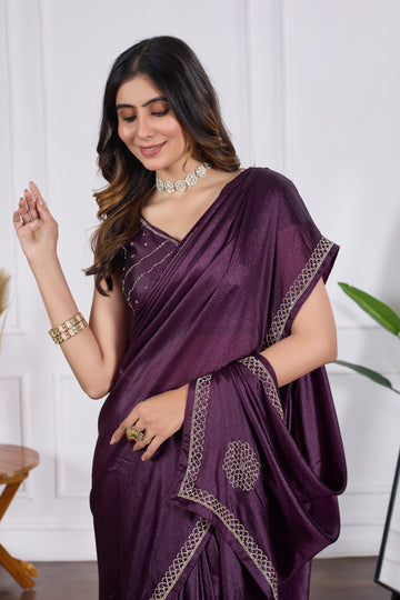 Wine Chiffon Sari With Jarkan Work