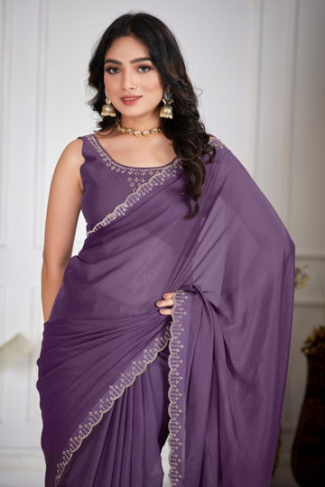Purple Georgette Silk Saree with Jarkan Border Work | Party & Festive Wear