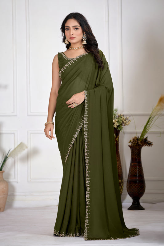 Mahendi Georgette Saree with Elegant Jarkan Border ✨