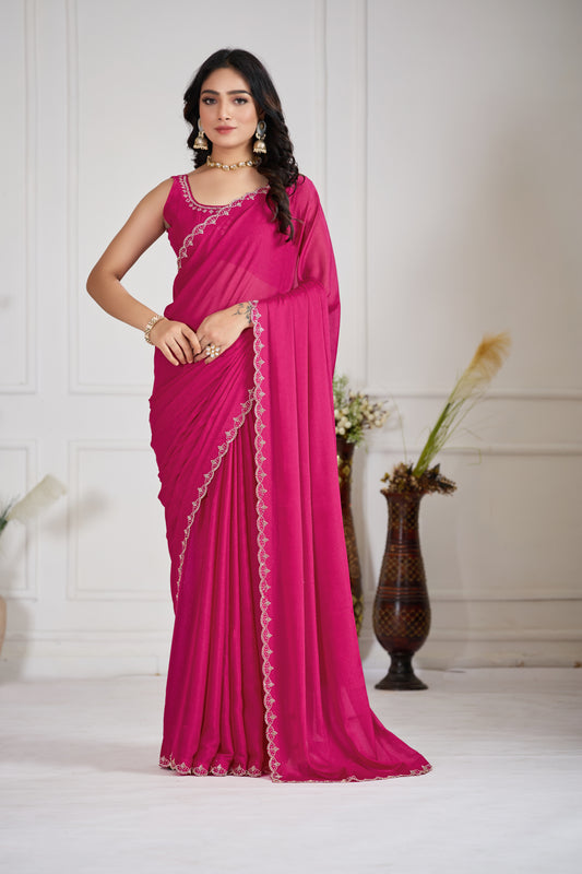 Rani Colour Georgette Saree with Jarkan Border & Embellished Blouse | Party & Festive Wear | TC Lifestyle