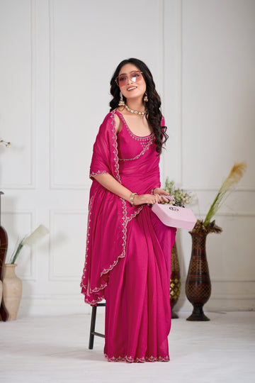 Rani Colour Georgette Saree with Jarkan Border & Embellished Blouse | Party & Festive Wear | TC Lifestyle