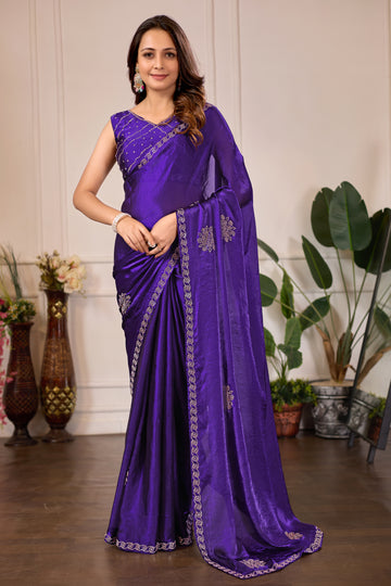 Blue Satin silk Saree With JarkanStone Work