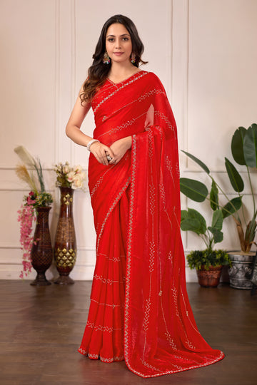 Red Satin Silk Saree with Zarkan Work | Premium Party & Wedding Wear Saree
