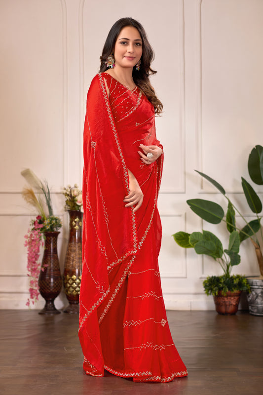 Red Satin Silk Saree with Zarkan Work | Premium Party & Wedding Wear Saree