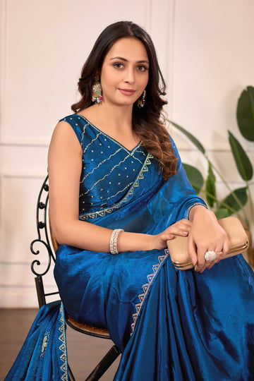 Blue Fendy Satin Saree with Premium Jarkan Butta & Designer Border | Wedding & Party Wear Saree