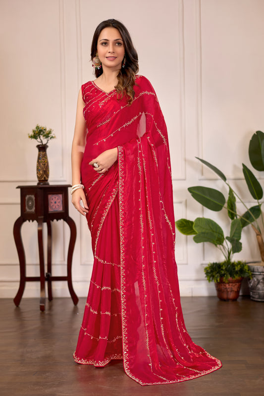 Dark Cherry Rani Satin Silk Saree with Premium Jarkan Lining Work – Party & Wedding Wear