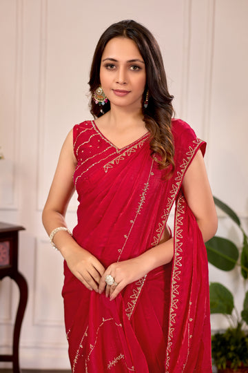 Dark Cherry Rani Satin Silk Saree with Premium Jarkan Lining Work – Party & Wedding Wear