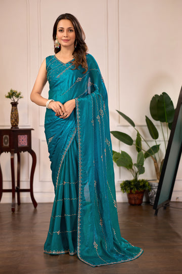 Rama Blue Satin Silk Saree with Designer Lining Pattern & Premium Jarkan Work – Party & Wedding Wear