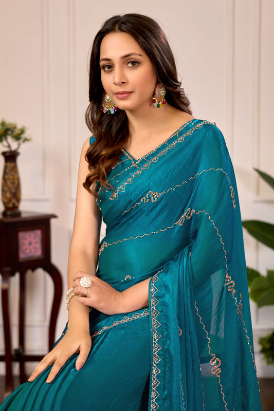 Rama Blue Satin Silk Saree with Designer Lining Pattern & Premium Jarkan Work – Party & Wedding Wear