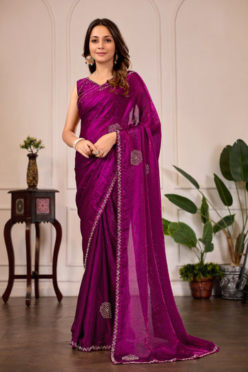 Wine Satin Silk Saree with Jarkan Work | Premium Party & Wedding Wear Saree