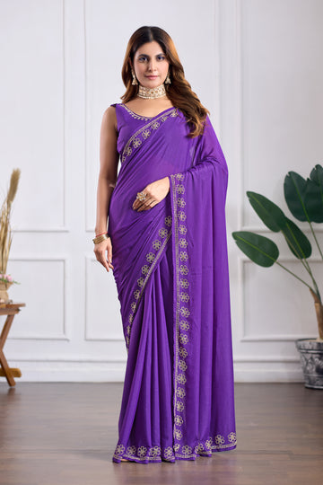 Purple Georgette Saree with Jarkan Work | Lightweight Party & Wedding Wear Saree