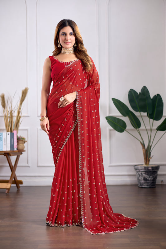 Red Silk Saree with Jarkan Stone Work | Party, Wedding & Festive Wear