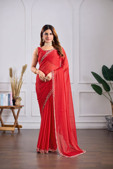 Red Georgette Saree with Jarkan Work | Lightweight Party & Wedding Wear Saree (Copy)