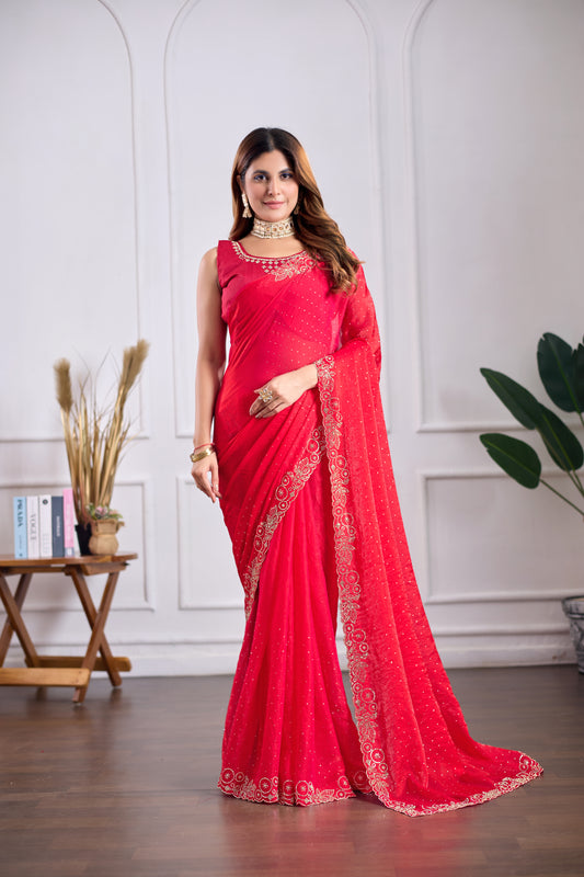 Dark Rani Satin Silk Saree with Peacock Design Jarkan Border | Party & Wedding Wear | TC Lifestyle