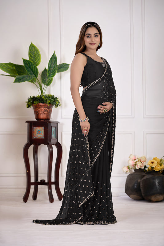 Black Satin Silk Saree With All Over Butty Work (Jarkan Stone) Premium Party & Wedding Wear Saree