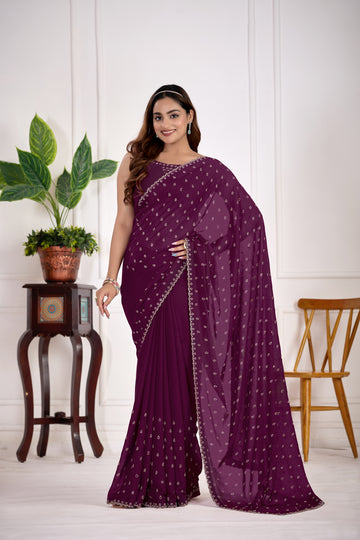Satin Silk Wine Color All Over Jarkan butty Work Saree