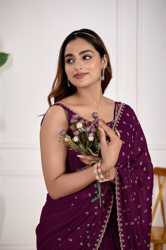 Satin Silk Wine Color All Over Jarkan butty Work Saree