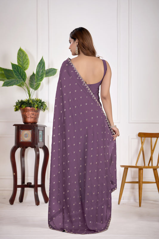 Purple Georgette Silk Saree with Jarkan Work & All Over Butti Design | Party & Festive Wear