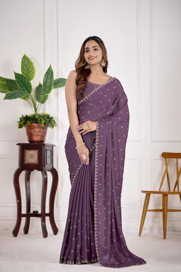 Purple Georgette Silk Saree with Jarkan Work & All Over Butti Design | Party & Festive Wear