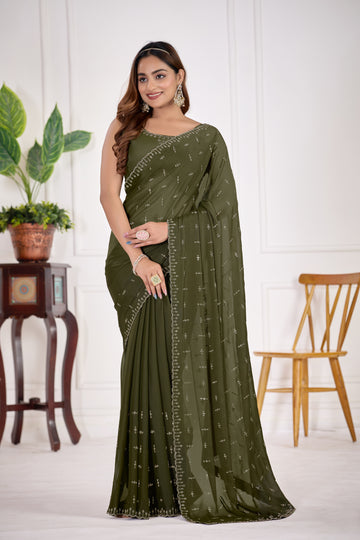 Mahendi Green Georgette Saree with Jarkan Work | Party & Festive Wear | TC Lifestyle