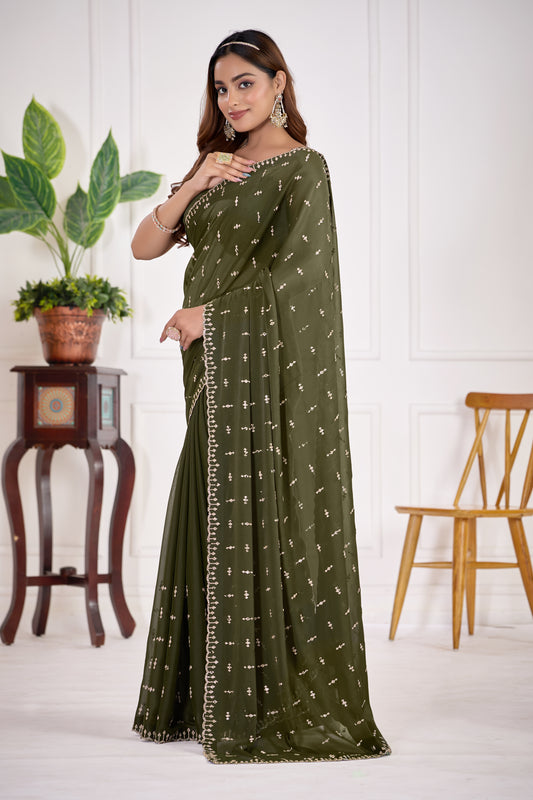 Mahendi Green Georgette Saree with Jarkan Work | Party & Festive Wear | TC Lifestyle